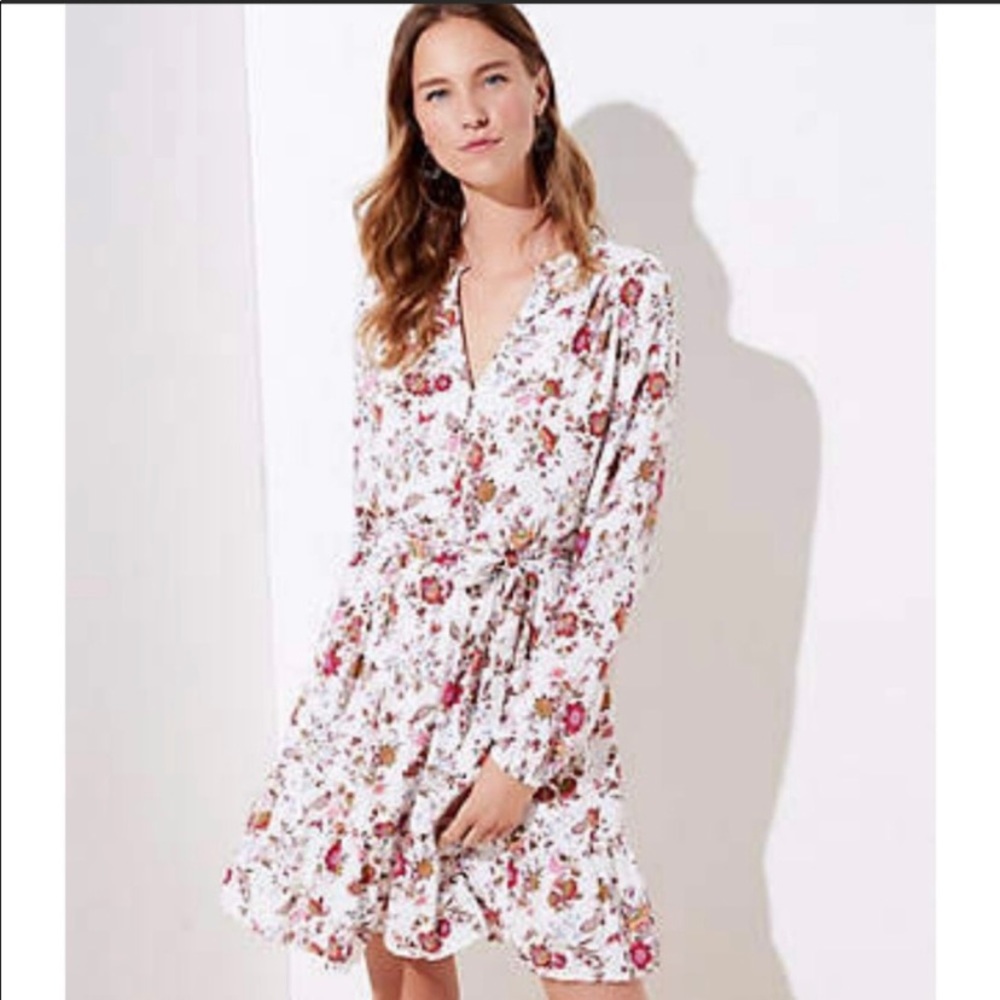 Ann Taylor Loft Dress Women’s 26 White Floral Long Sleeve Flounce Tie Waist.